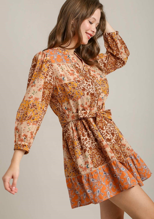 Patchwork Print Belted Mini Dress