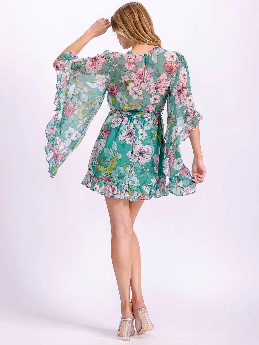 Bell Sleeve Elastic Waist Floral Mini Dress