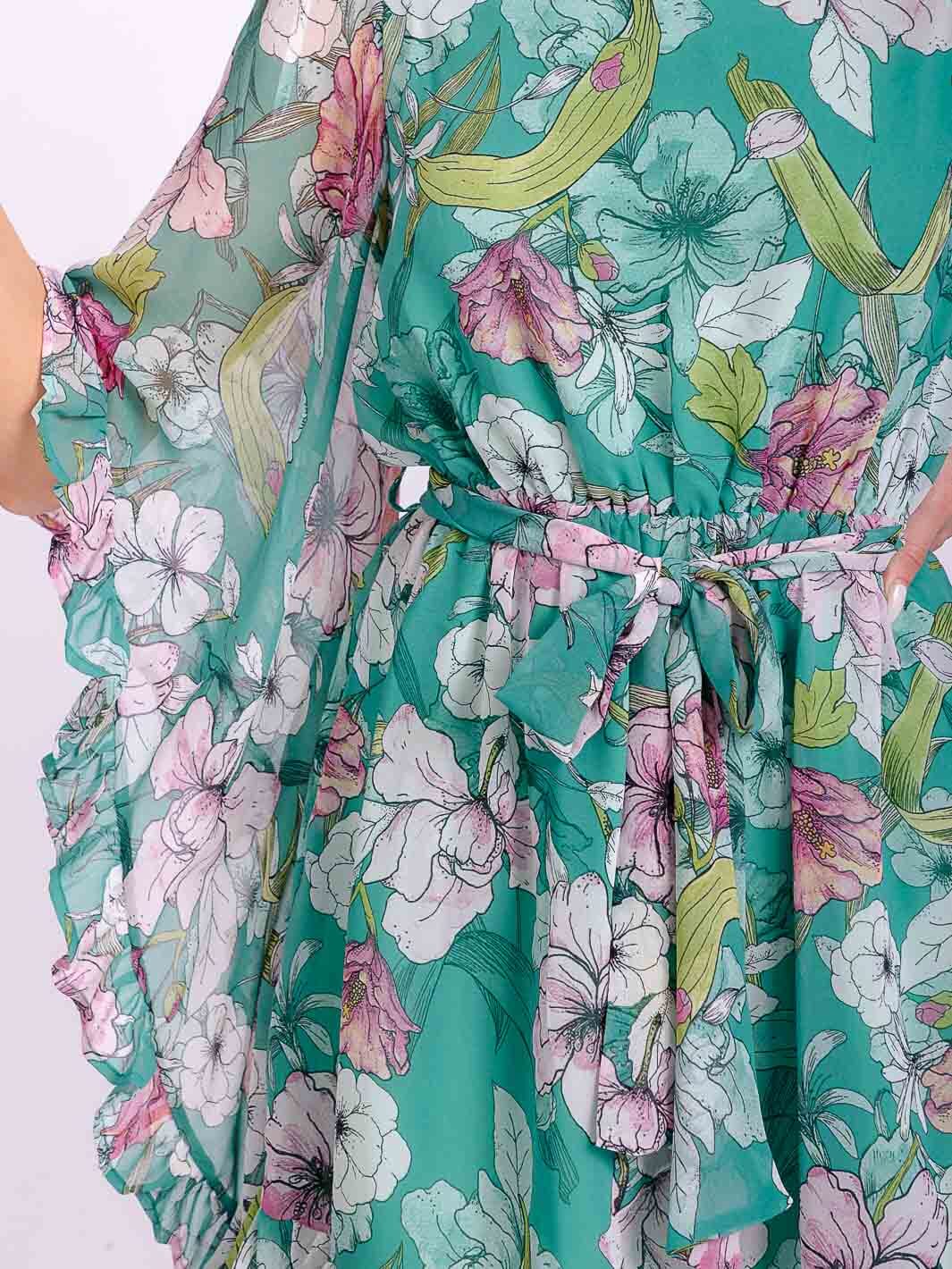 Bell Sleeve Elastic Waist Floral Mini Dress