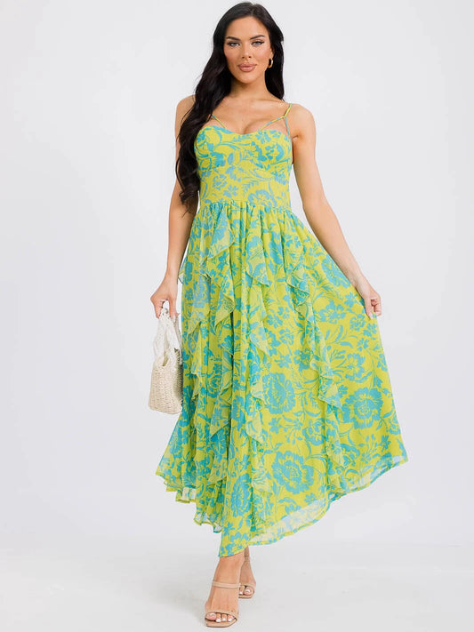 RUFFLE SMOCK FLORAL MAXI DRESS