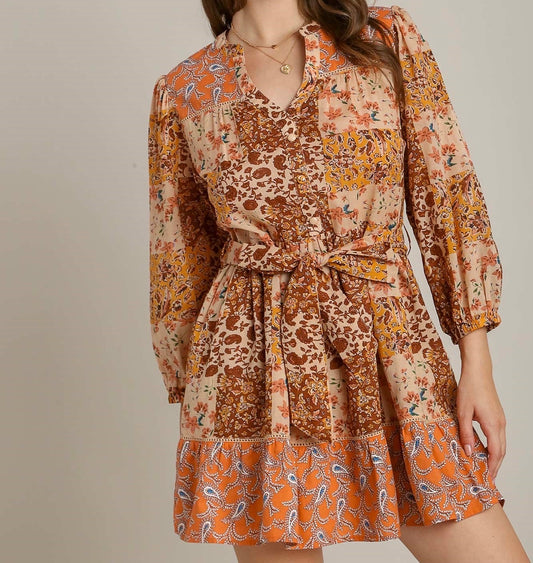 Patchwork Print Belted Mini Dress